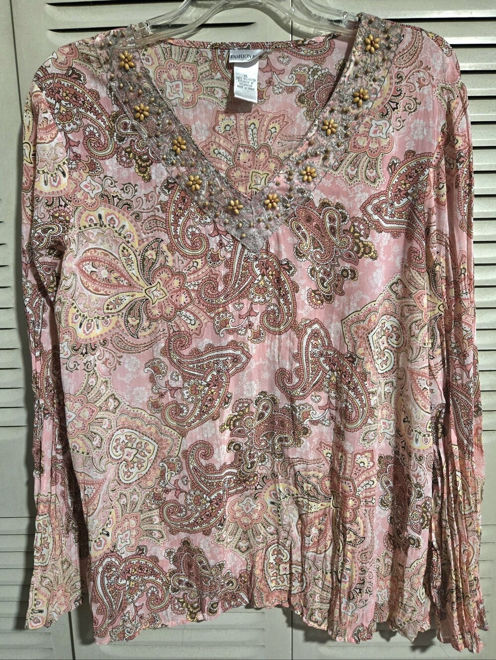 Fashion Bug Pink Paisley Beaded V-Neck Long Sleeve Top